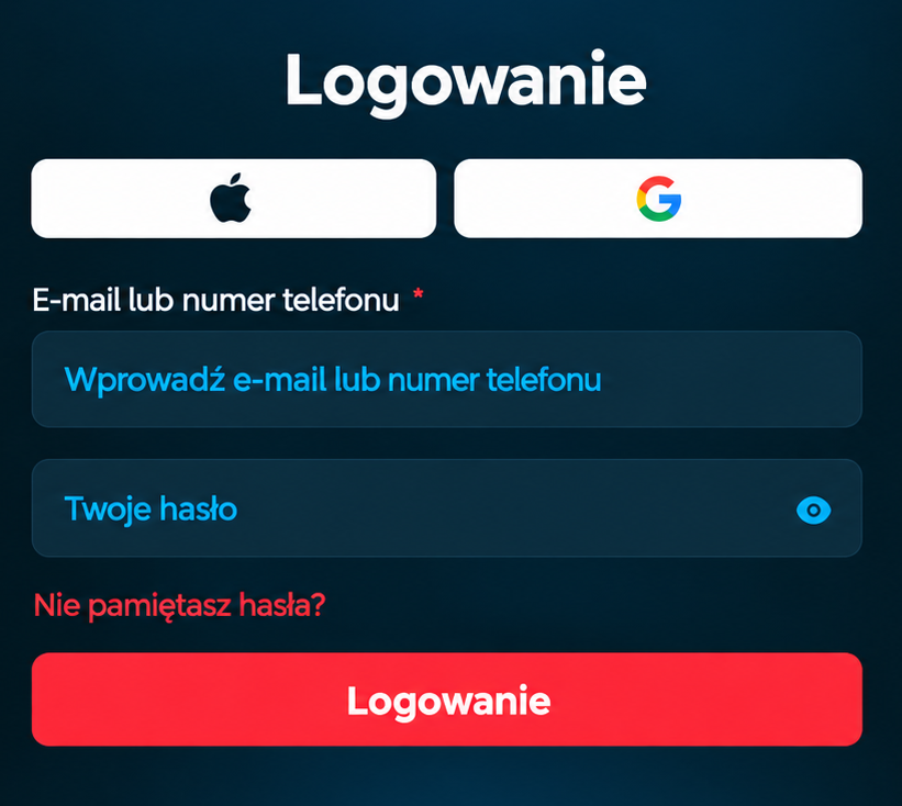 Ekran logowania do panelu gracza